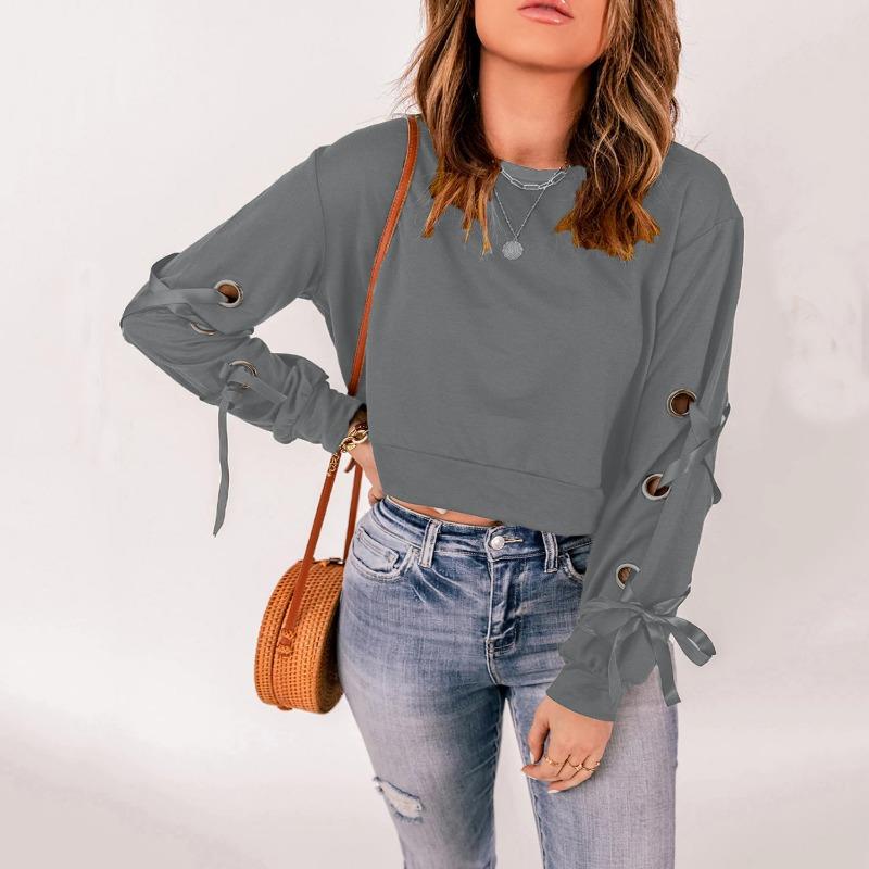 Женский топ с длинным рукавом и круглым вырезом, новый однотонный пуловер, повседневная футболка с длинным рукавом и завязкой