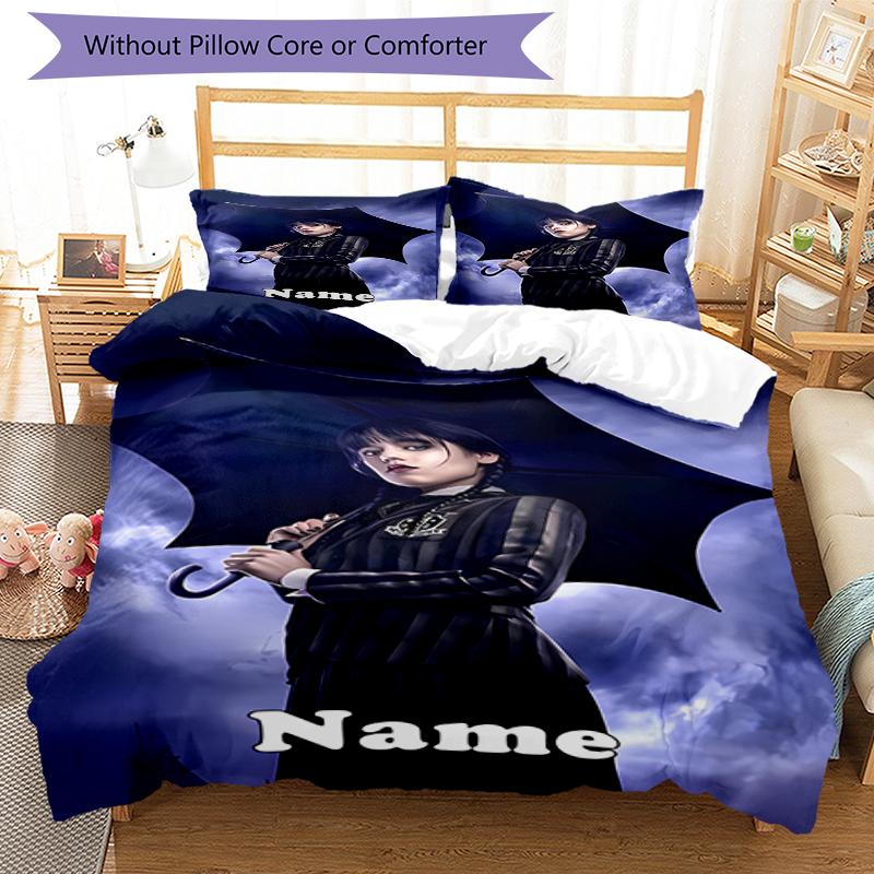 3pcs Custom Name Wednesday Bedding Set Duvet Cover Closure Includes 1 Duvet Cover & 2 Pillowcases, Soft and Comfortable for All Seasons.