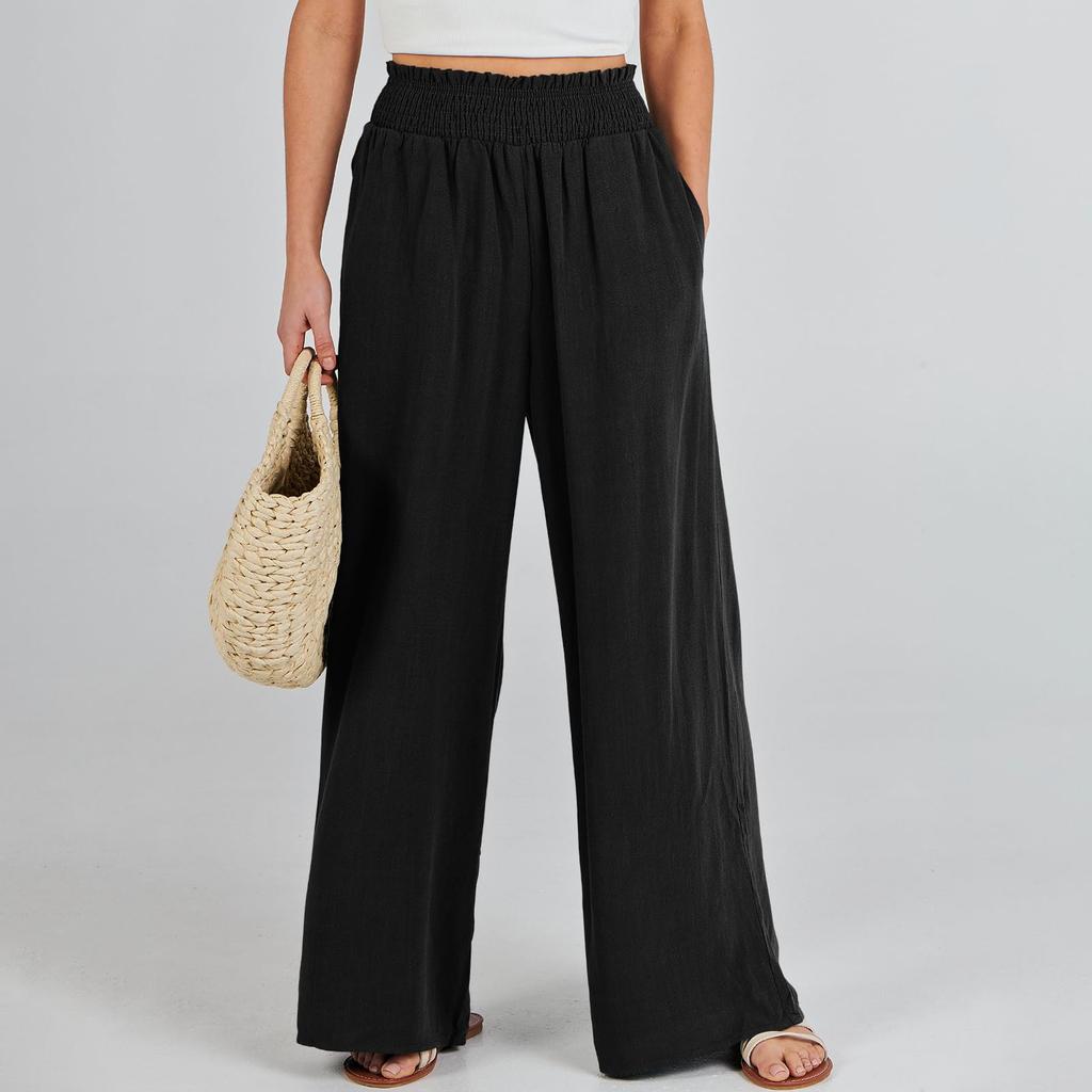 Summer Cotton Linen Wide Leg Pants Women Loose Palazzo Pant Pocket Elastic Waist Casual Pants