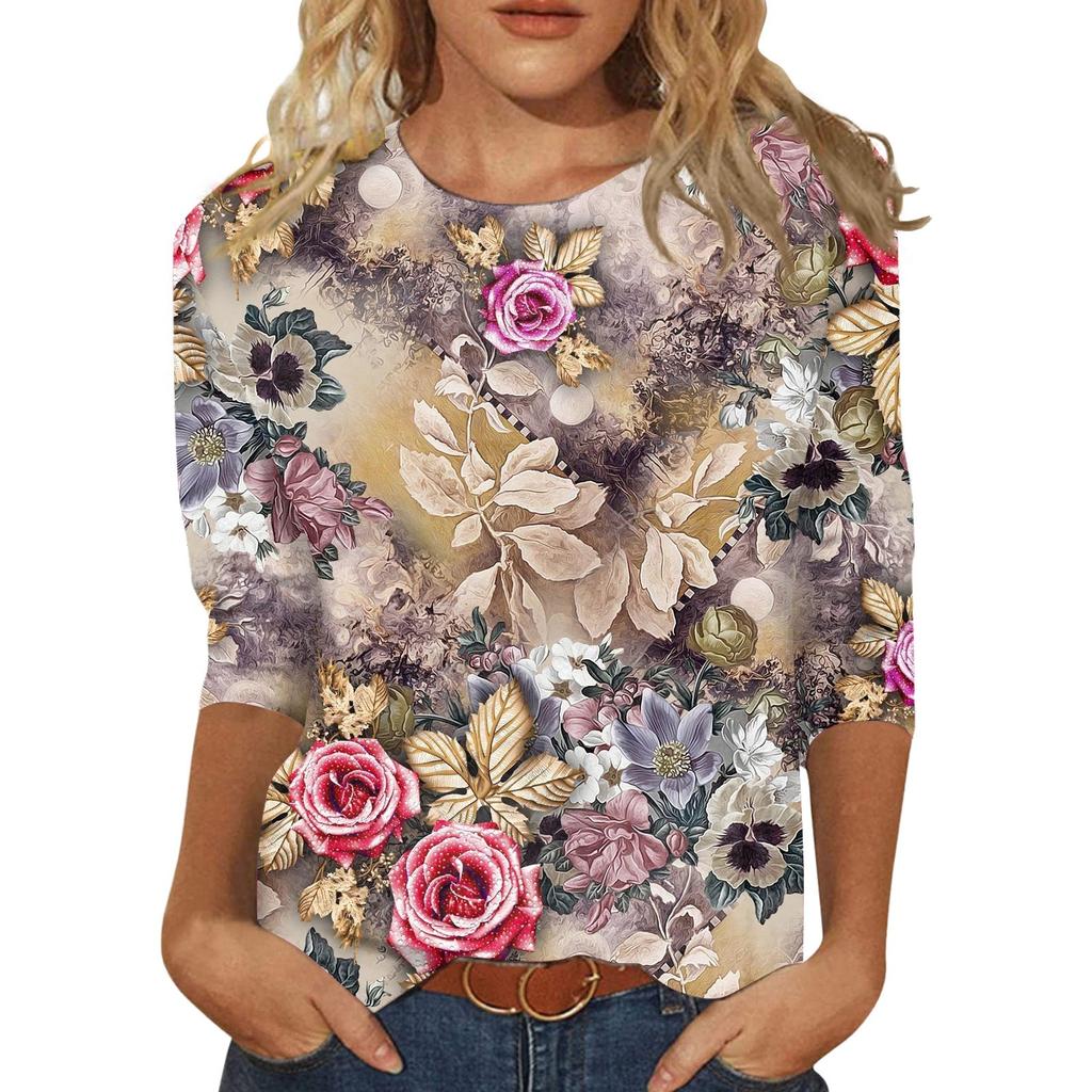 Женские блузки Повседневные с круглым вырезом и рукавом 3/4 Базовые футболки Однотонные свободные милые туники Топы Блузки