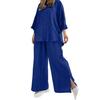 Women's Cotton Linen 2 Piece Outfit Button Down 3/4 Sleeve Shirts And Slit Wide Leg Pants Set Casual Loose Lounge Tracksuit