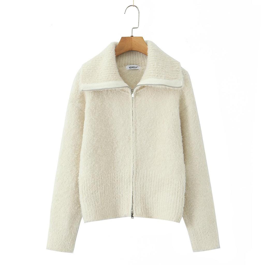 European Style 2025 Women's Double Zipper Lapel Knit Cardigan