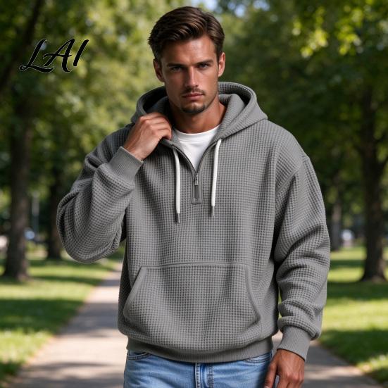 Comfortable Breathable Fabric Sweatshirt Men Waffle Texture Sweatshirt Loose Fit Long Sleeve Pullover Tops with Street Style Front Pocket,