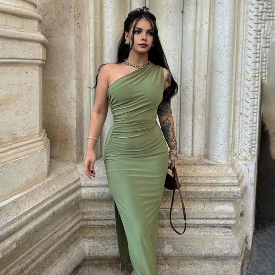 Вечернее женское платье на одно плечо, без рукавов, с наклонным вырезом, плиссированное облегающее платье-футляр, однотонное, эластичное, с разрезом подол, Клубное вечернее платье макси