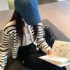 Полосатый круглый вырез вязаный кардиган для женщин осенняя свободная верхняя одежда женский короткий свитер пальто зимние элегантные облегающие винтажные кардиганы куртки 24916
