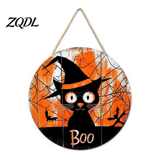 Wall Hanging Props for Halloween Wooden Trick or Treat Door Hanger, Pumpkin Ghost Bat Spider Web Welcome Classic Signs Sign with Jute Rope, Farmhouse
