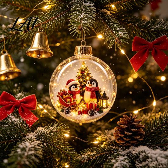 3D Winter Scene Baubles Glowing Christmas Story Ornament Light-Up Ball with Warm LED Light Mini Holiday Acrylic Festive Tree in Clear Hanging