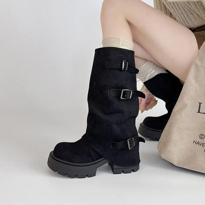 Ботинки ковбойские в стиле пустоши на толстой подошве, женские, новые, осень-зима 2025, со складками, с пряжкой-ремнем, верхняя одежда, полусапоги, тренд