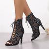 Fashion Women's Fashion High-heeled Sandals Summer New Mesh Hollow Breathable Lace-up Bag Heel Back Zipper Fish Mouth Cool Boots