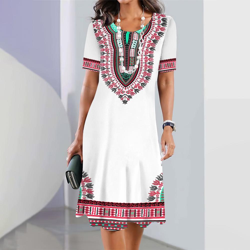 Летние женские свободные платья Винтажная геометрия Платья с короткими рукавами Праздничная повседневная юбка А-силуэта Дизайнерский национальный костюм