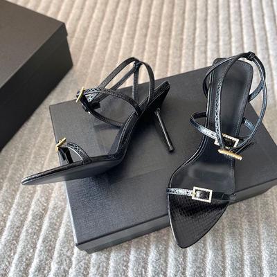 Женские туфли на высоком каблуке 2025 с открытым носком стразы пряжка на одно слово женская обувь шпилька римский стиль черные сексуальные босоножки