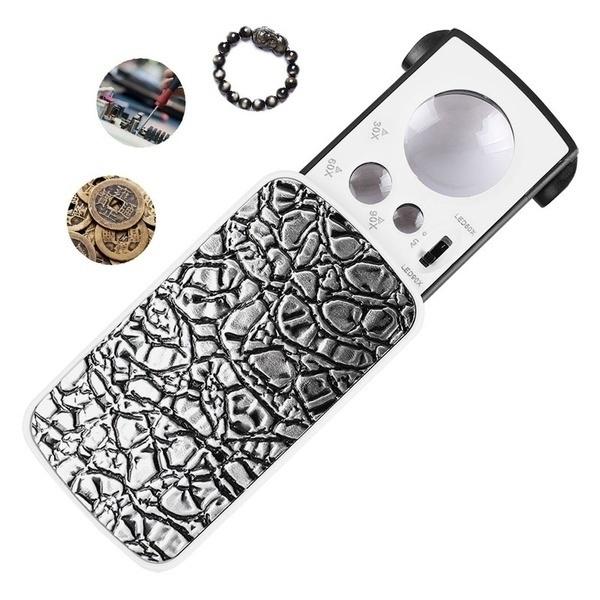 Профессиональная выдвижная карманная лупа с подсветкой - увеличение 30X 60X 90X