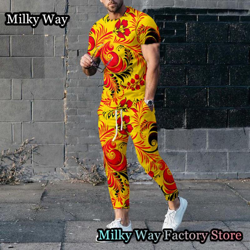 Роскошный мужской спортивный костюм с принтом цепочки, летний комплект из 2 предметов, футболка и брюки, винтажный спортивный костюм, мужская модная одежда, ретро наряд
