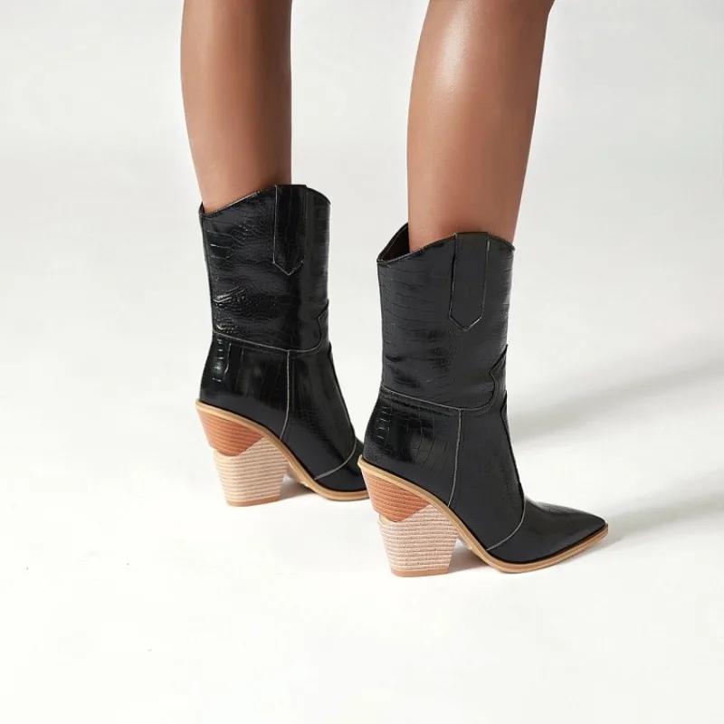 Черные Желтые Белые Сапоги до колена Ковбойские сапоги в западном стиле для женщин Длинные зимние сапоги Остроносые Ковбойские клинья Мотоциклетные сапоги