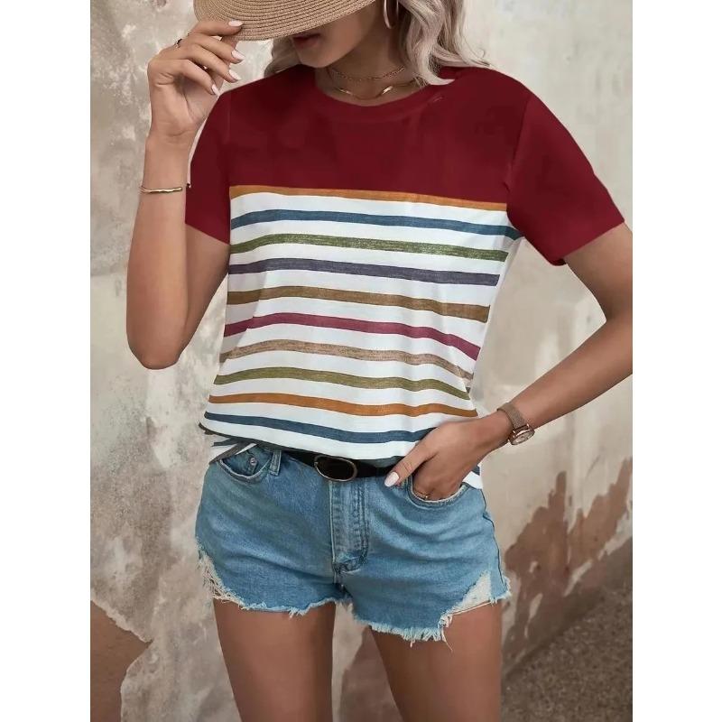Summer Women's 3D Striped Printed T-shirt Top Casual Short Sleeved Round Neck Clothing