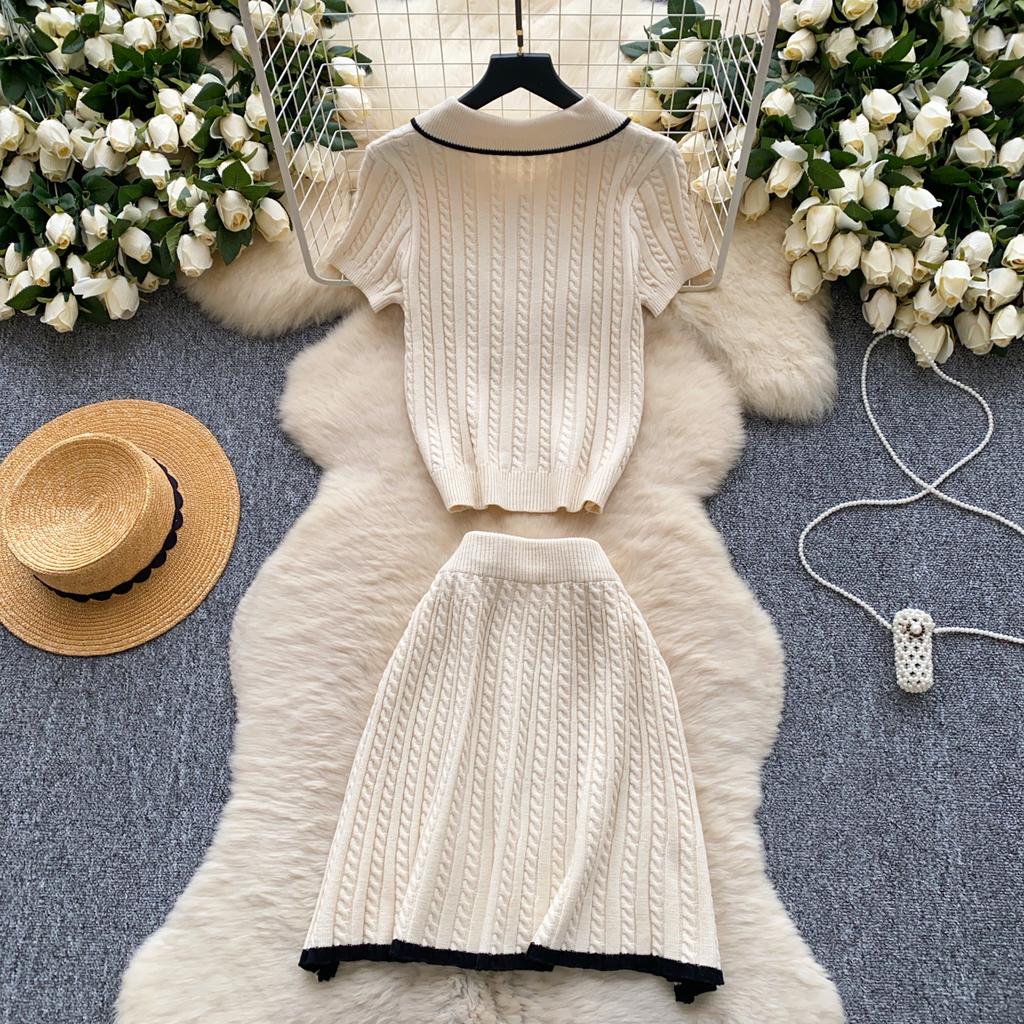 Модные трикотажные костюмы из двух предметов, обтягивающие рубашки поло с короткими рукавами и короткая юбка, женские простые летние комплекты