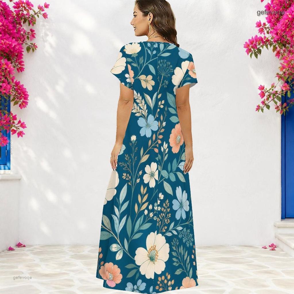 Women Plus Size V Neck Short Sleeve Floral Printed Navy Blue Straight Maxi Dress