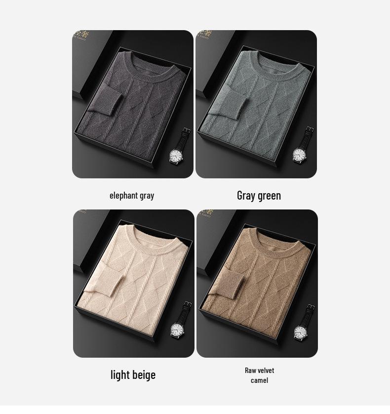 Мужской утолщенный свитер с круглым вырезом из чистого кашемира - Теплый шерстяной вязаный пуловер для осени и зимы