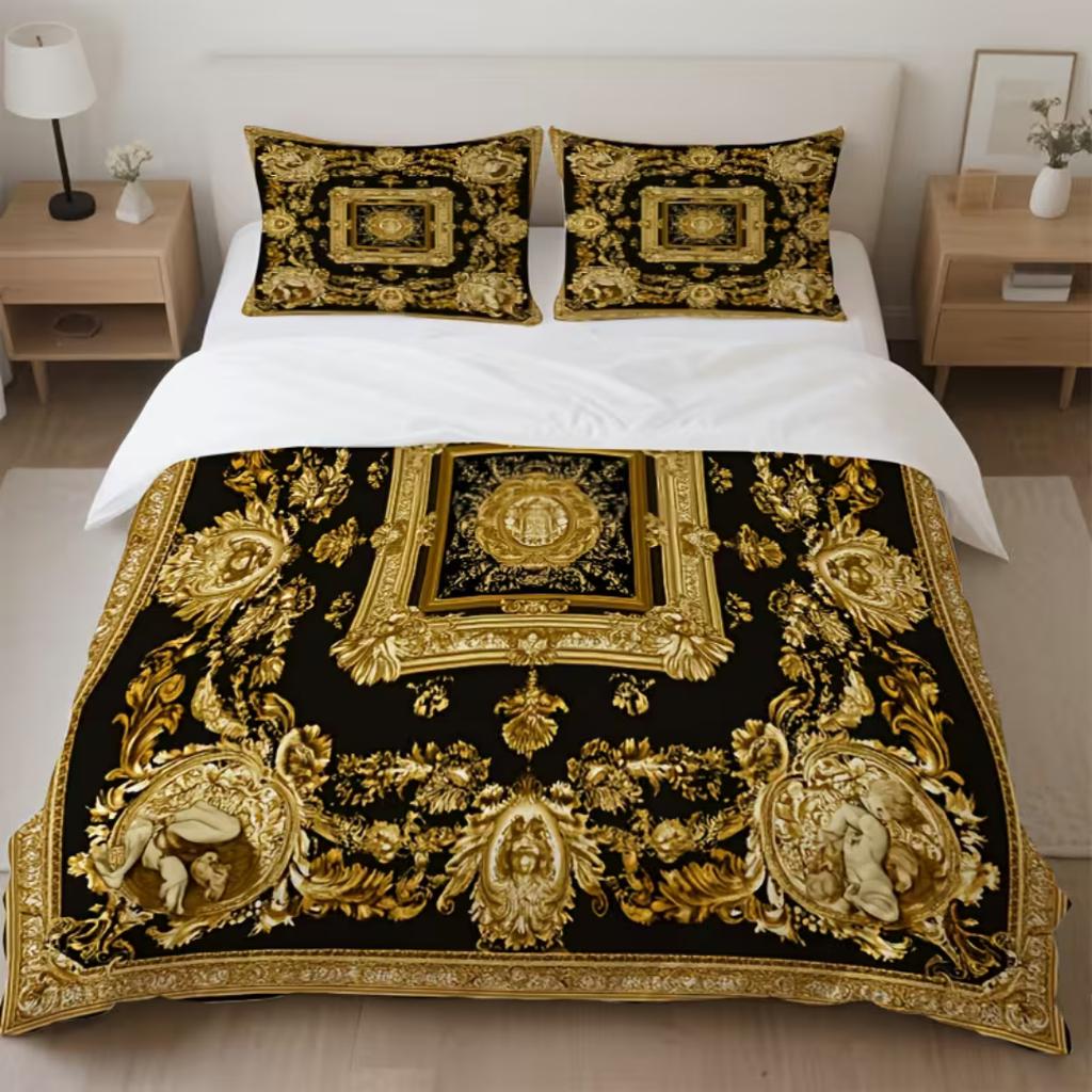 3 шт. Роскошный золотой геометрический принт Комплект постельного белья Барокко Комплект пододеяльника для дома общежития Декор Односпальный King Queen Размер 228x228
