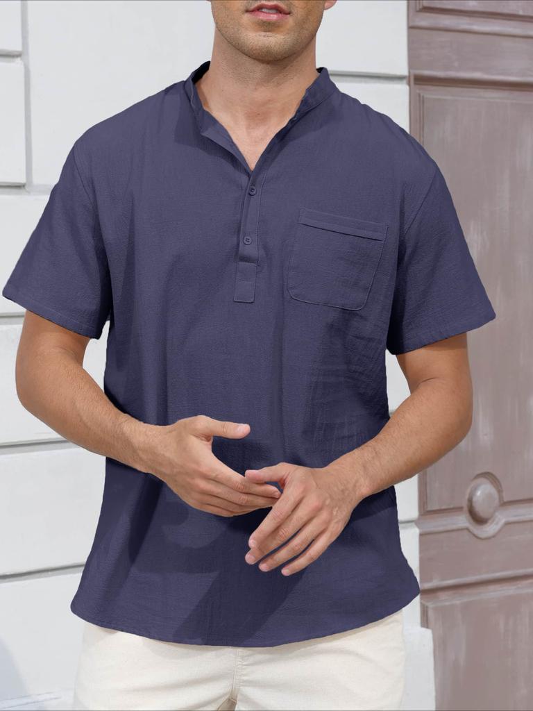 Летняя новая мужская легкая хлопково-льняная футболка с коротким рукавом и вырезом хенли - Дышащие повседневные однотонные топы, футболки базового стиля