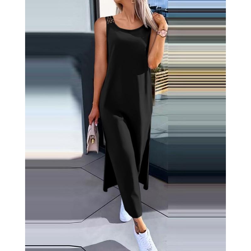 VEZFAA Женская мода лето весна однотонный принт без рукавов с круглым вырезом повседневные платья