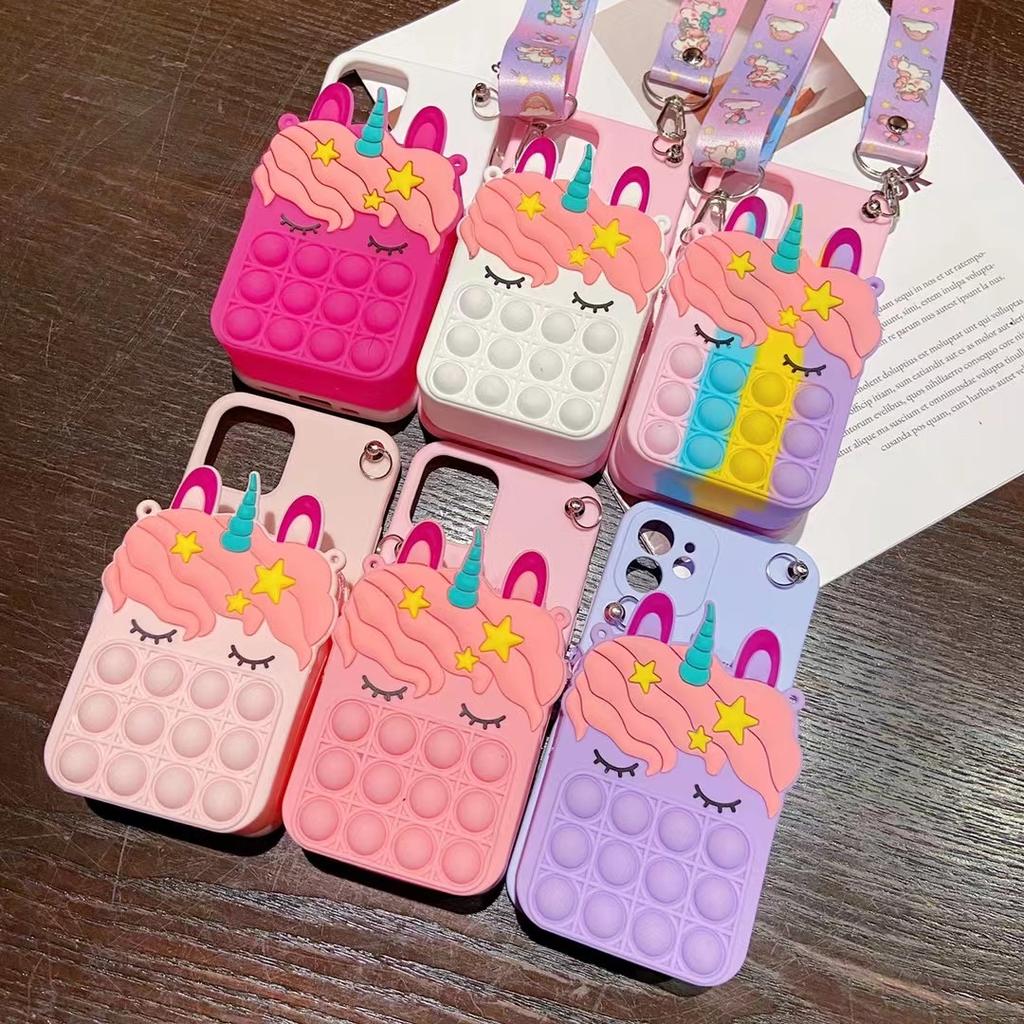 3D Мультяшный Кошелек на Молнии Чехол для Телефона Для iPhone 8 7 6 6s 5 Plus X XR XS Max SE Ремешок-Шнурок Ожерелье Единорог Пузырчатый Чехол