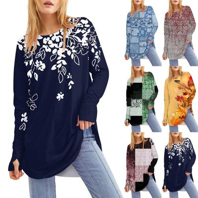 Женская свободная футболка с круглым вырезом и длинными рукавами средней длины с принтом, топ с дырявым большим пальцем