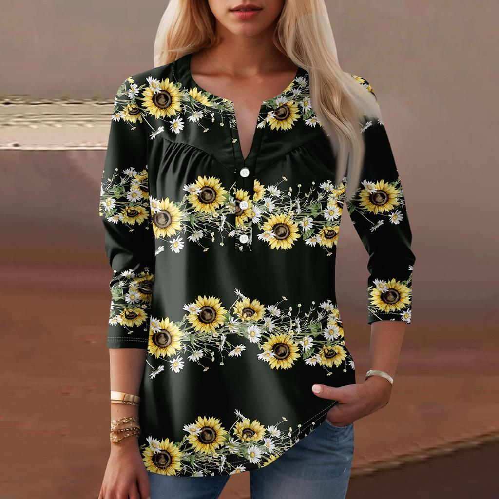 Women's Fashion Casual Long Sleeve Round Neck Floral Print Top