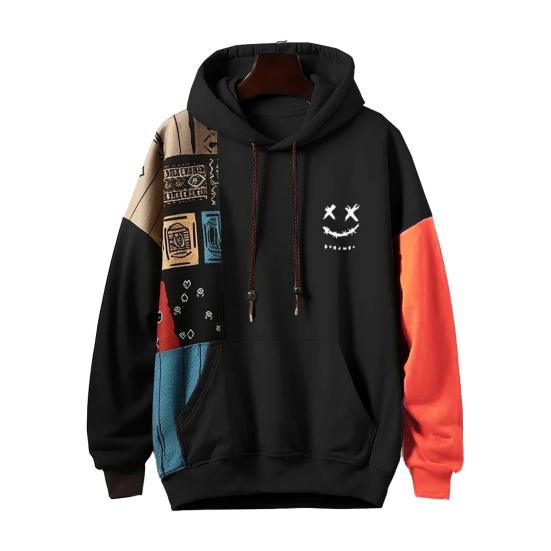 Мужское худи на осень-зиму, свободного кроя, с длинными рукавами, в цветовой блок, с большим накладным карманом