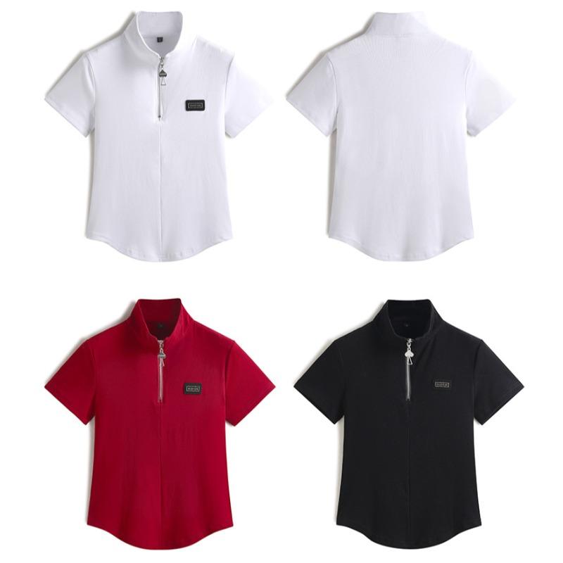 Женская летняя футболка с застежкой-молнией, воротником-стойкой, тонким круглым подолом, коротким рукавом