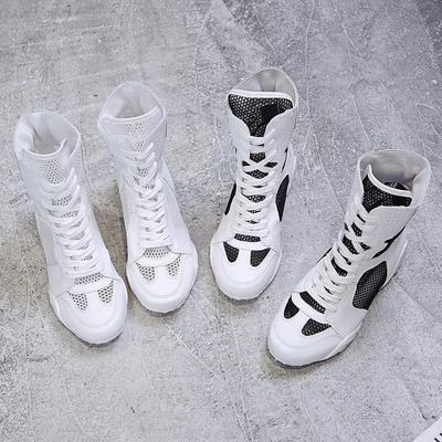 Высокие 2024 лето новые тонкие универсальные новые на толстой подошве белые сетчатые дышащие полые ботильоны