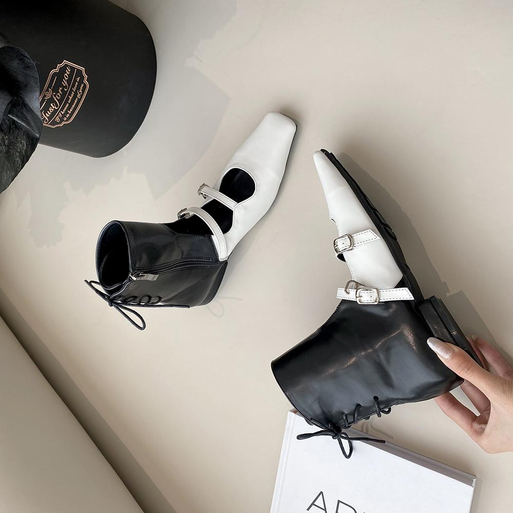 Модные женские ботильоны с квадратным носком, полые, сексуальные, с плоским каблуком, с ремешком сзади, с бантом, пряжкой на ремне, черного, хаки, белого, смешанного цвета, модельные туфли