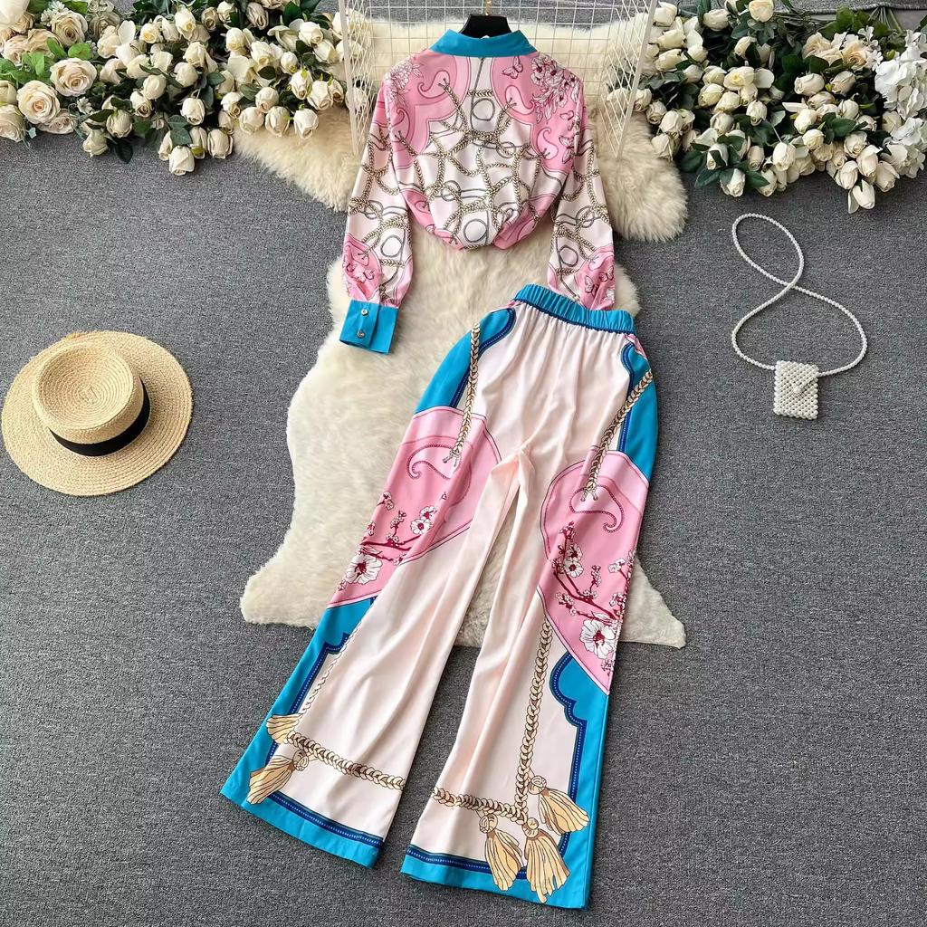 Spring Autumn Runway Designer Chain Flower Print Two Piece Set Women Long Sleeve Shirt Top And Elastic Waist Wide Leg Pant Suit