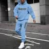 Men's Casual Solid Color Letter-printed Sweatshirt Set, Men's Fleece Hooded Drawstring Sweatshirt And Sweatpants Two-piece Set