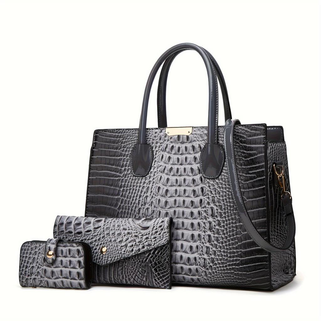 Large Capacity Crocodile Pattern Bag for Women Classic Tote Bag Single Shoulder Bag Crossbody Wallet 3 Pieces