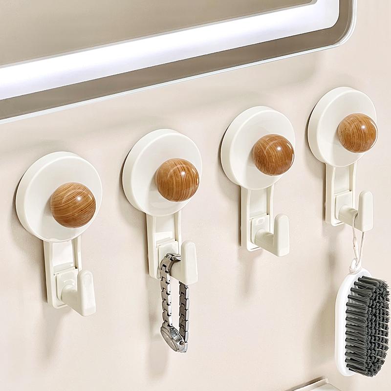 Beech Wood Grain Milk White No-Drill Suction Cup Hook for Bathroom, Toilet, Kitchen, and Back of Door, Seamless Clothes Hook
