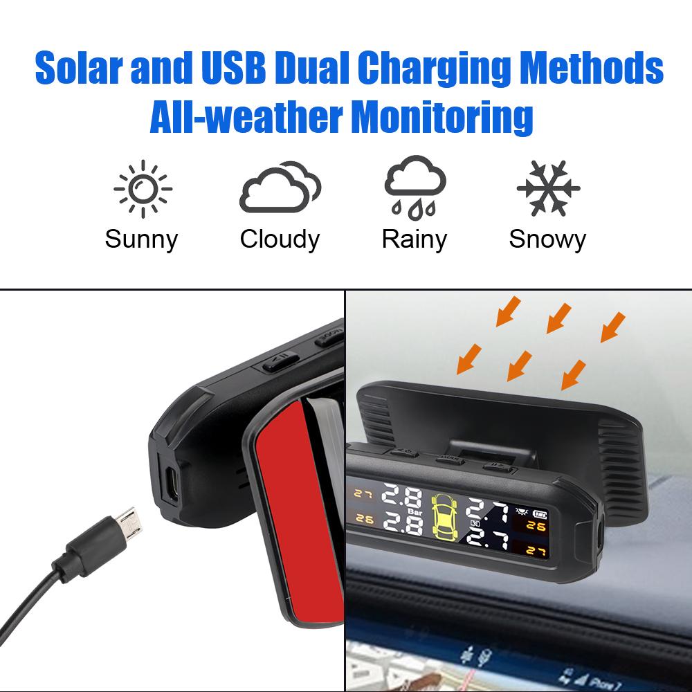 Система контроля давления в шинах Вращающаяся конструкция Солнечная система TPMS Автомобильный монитор давления в шинах Предупреждение о температуре Экономия топлива с 4 внешними датчиками