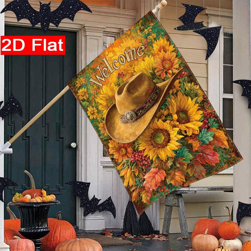 2D Flat, 2D Flat Happy Thanksgiving with Sunflowers and Cowboy Hat Garden Flag_4-28x40 Inch Outdoor Garden Flag Double-sided Home Decoration Courtyard