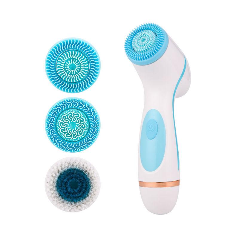 Работает от батареи, двойная вращающаяся мягкая головка щетки, глубоко очищает электрическую силиконовую очищающую щетку для лица с 3 щетками