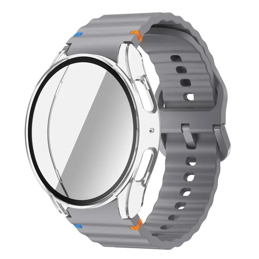 Чехол+Ремешок для Samsung Galaxy Watch 7 6 5 4 40мм 44мм Силиконовый Браслет Защитная Пленка для Экрана из Закаленного Стекла Бампер