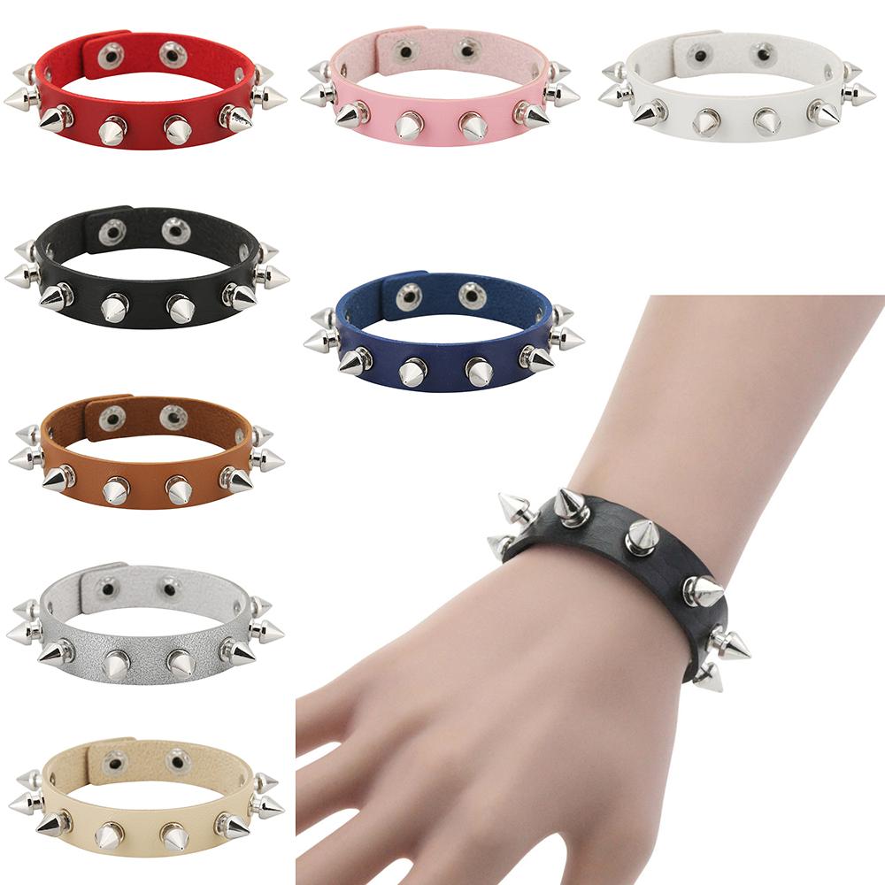 Punk Spike Cone Rivet PU Leather Bracelet, Adjustable Snap Button Gothic Rock Wrist Cuff Unisex Couple Jewelry