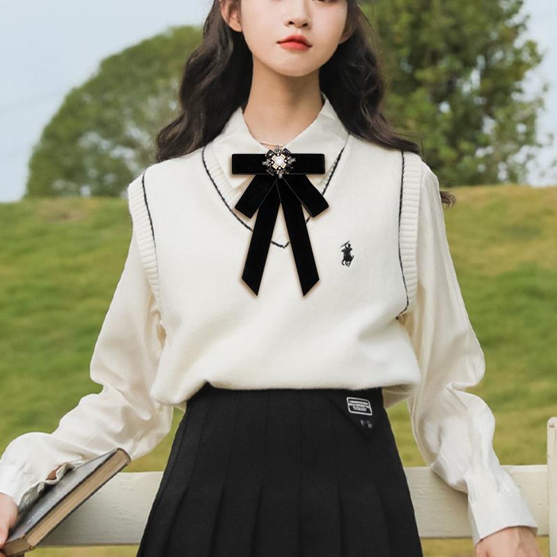 Черные тканевые броши-банты для женщин в студенческом стиле, цветочные лацканные булавки для воротника, хрустальные галстуки-бабочки, модная бижутерия, подарки