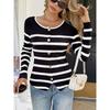 Приталенная полосатая футболка женская весенняя французская с круглым вырезом, длинным рукавом, однобортная, вязаный трикотаж, повседневные топы