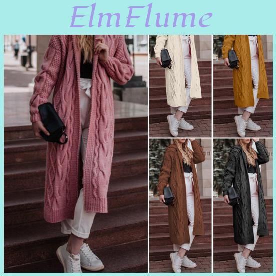Long Style Women Cardigan Loose Fit Solid Color Hooded Front Open Warm Autumn Winter Twist Design Knit Coat For Daily Wear
