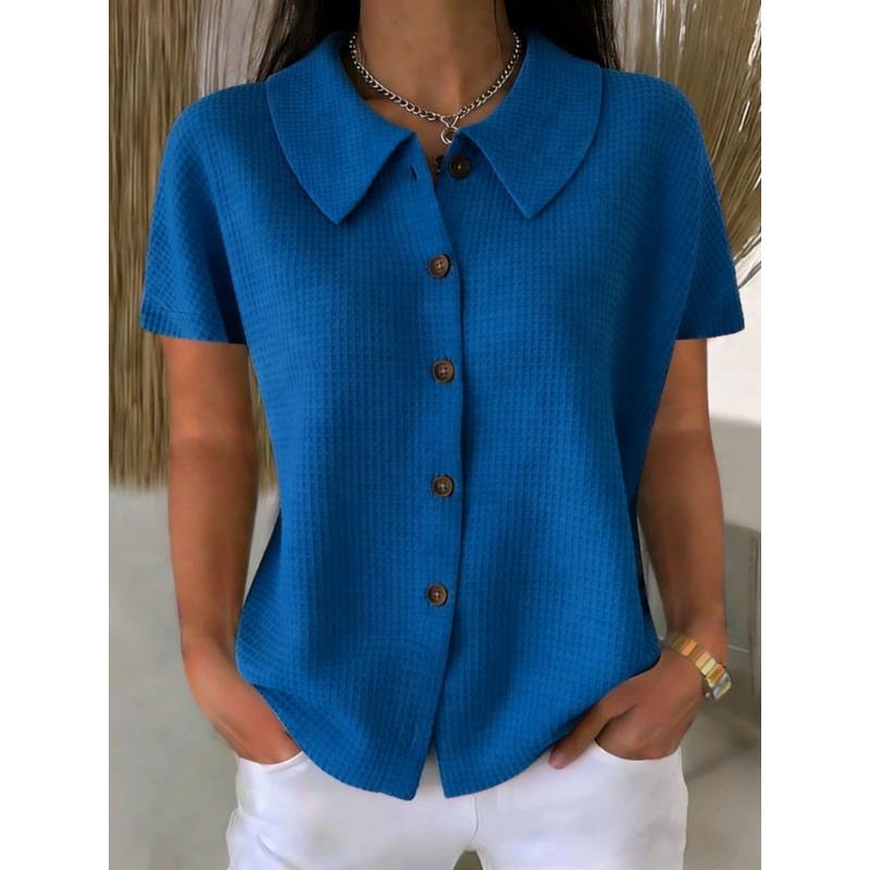 Womens Solid Waffle Lapel Casual Short Sleeve Button Shirt