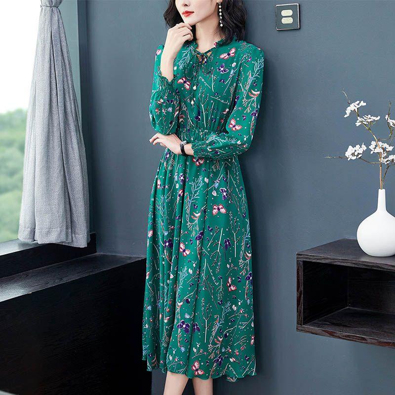 Шифоновое платье, женское платье с длинным рукавом и цветочным принтом, тонкое платье средней длины, размера плюс, летнее корейское модное повседневное платье