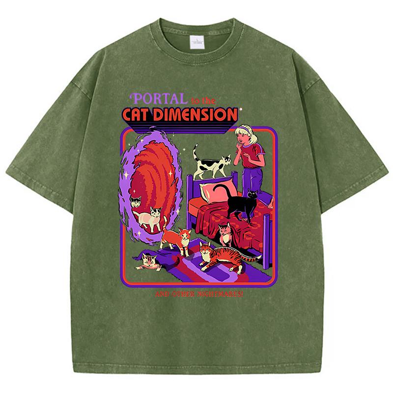 Портал для кота Измерение стирать ретро мужская одежда мода футболки уличная одежда хлопок свободные топы дышащая футболка пара