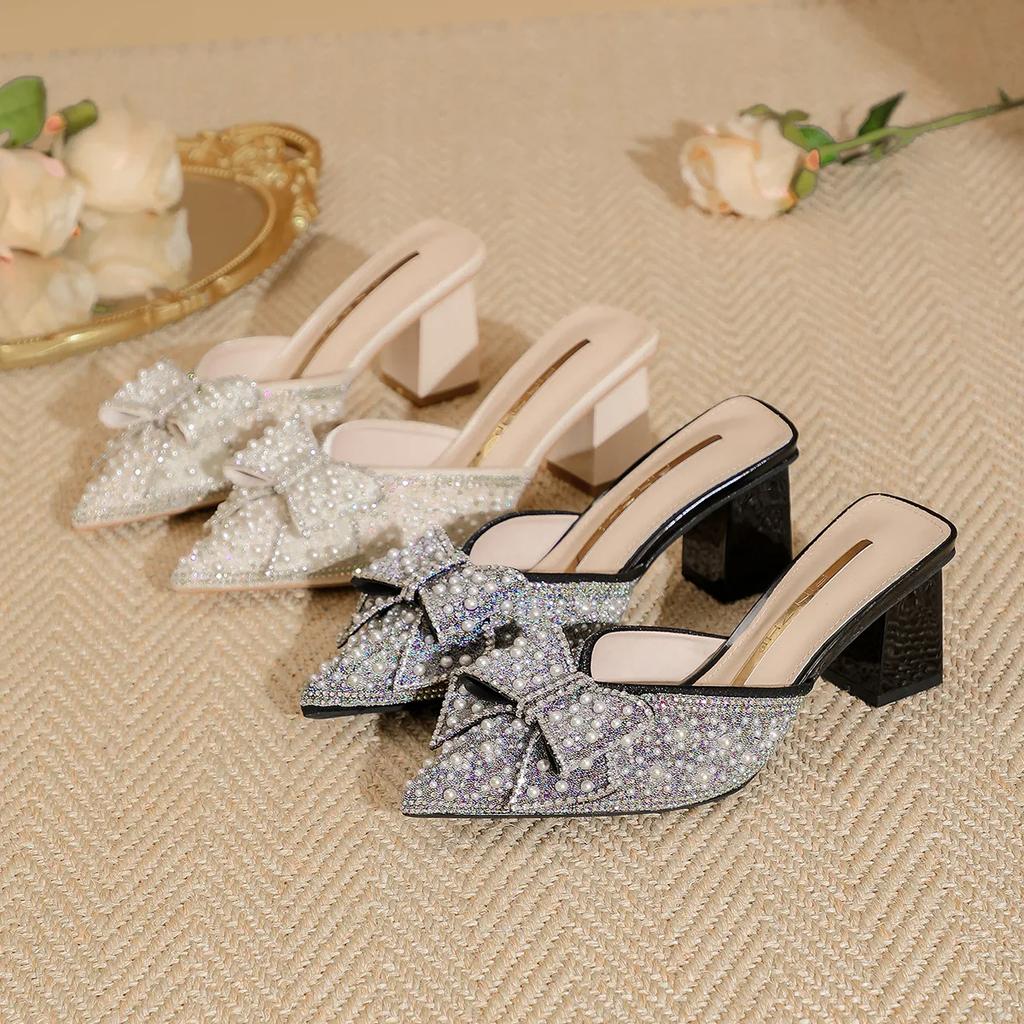 2024 New Summer Baotou Half Slippers Women's Pointed Toe High-heeled Mules Sandals Woman Rhinestone Bow-knot Wedding Party Pumps