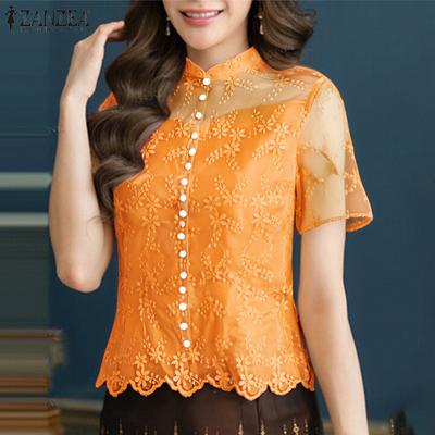 Женская повседневная блузка с воротником-стойкой и коротким рукавом, кружевная вышивка, пэчворк