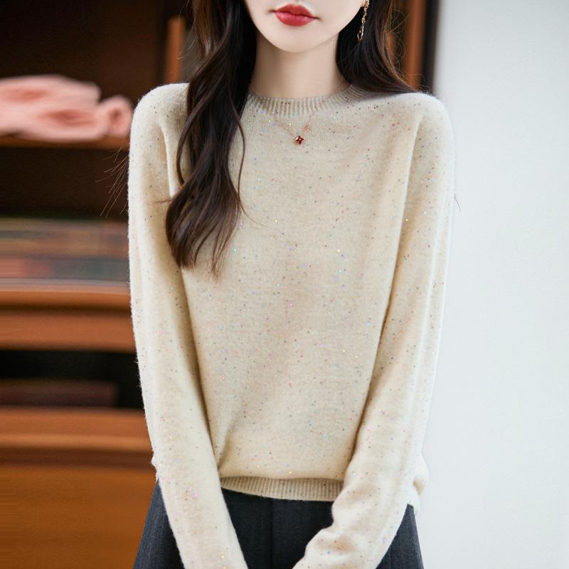 100% Wool Seamless Women's Loose Knit Sweater - Round Neck, Long Sleeve Top for Autumn & Winter.